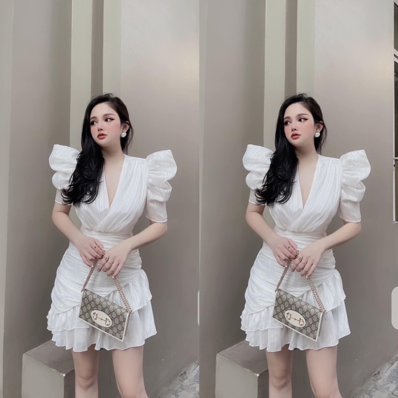 Đầm cổ V tay bồng ôm eo đuôi cá hàng thiết kế
