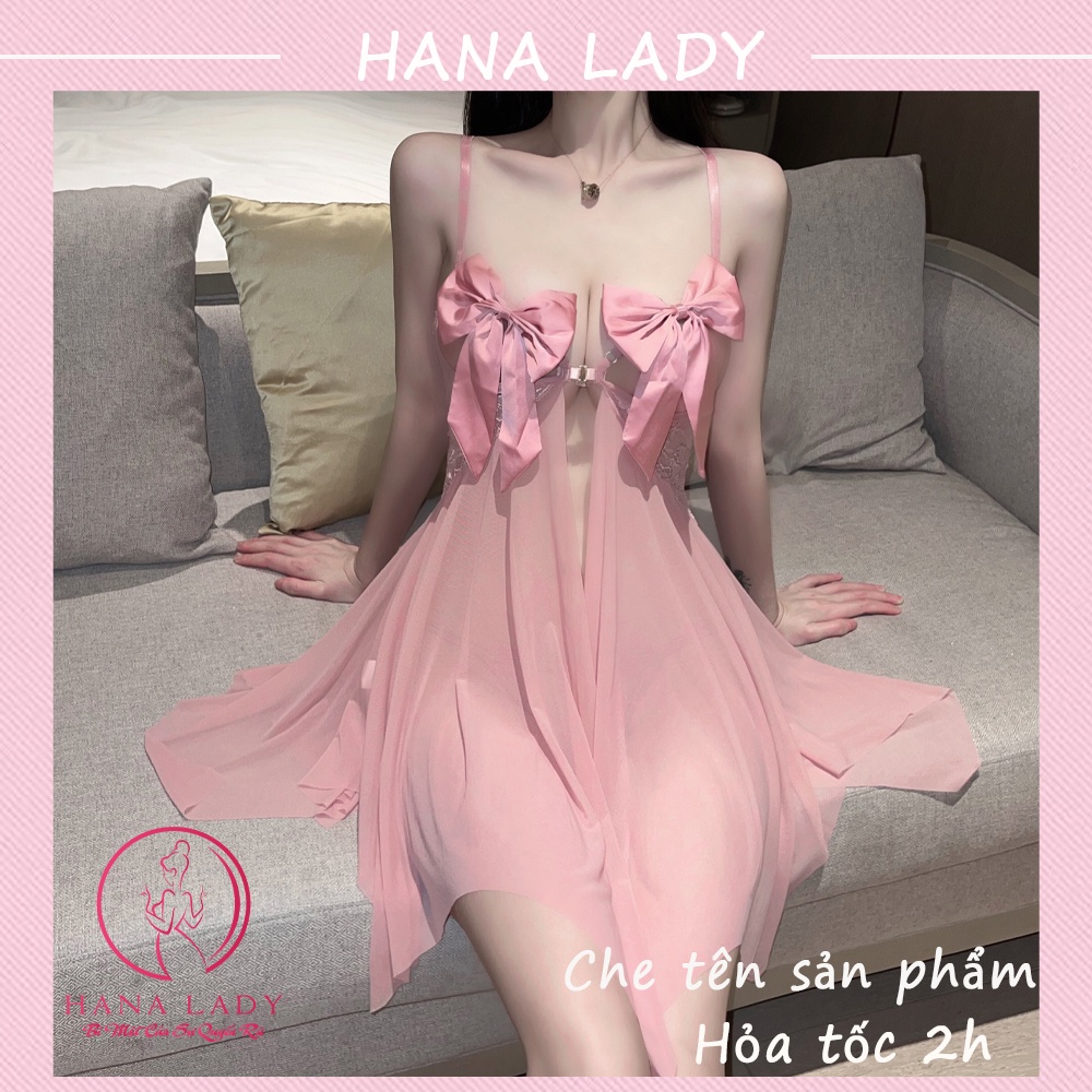 Váy ngủ sexy, đầm ngủ 2 dây xuyên thấu gợi cảm đính nơ VN507