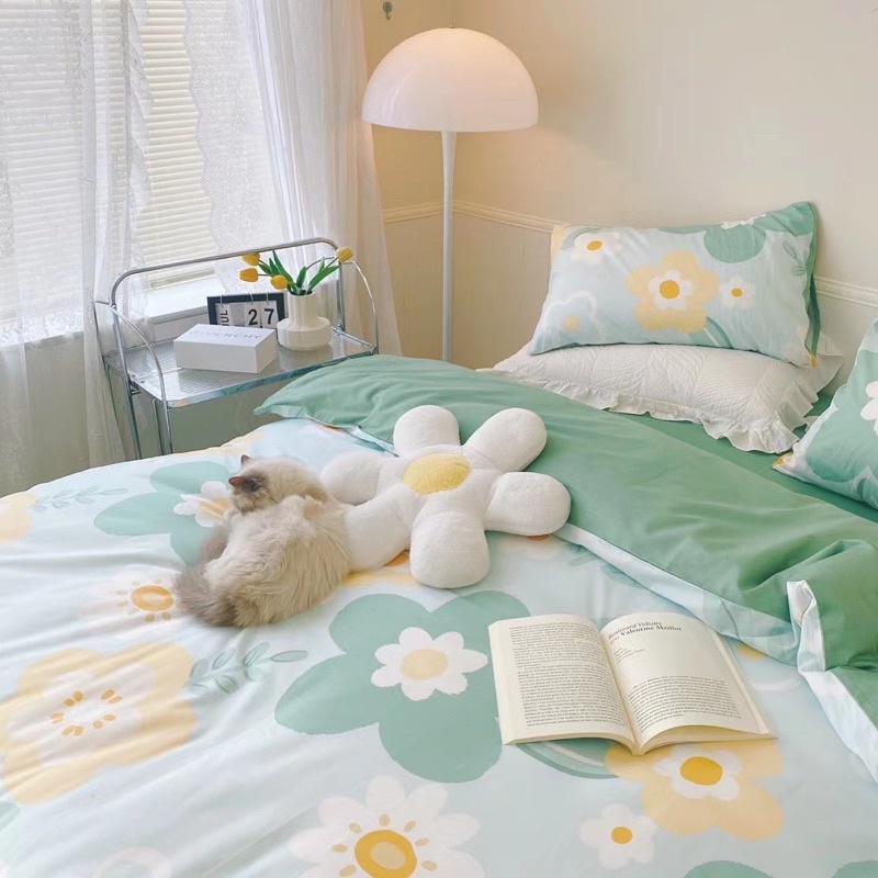 Bộ Chăn Ga Gối ❤️ cotton living 100% đủ size đệm hoa nhí Hàn Quốc miễn phí bo chun nhập khẩu Mượt Decor