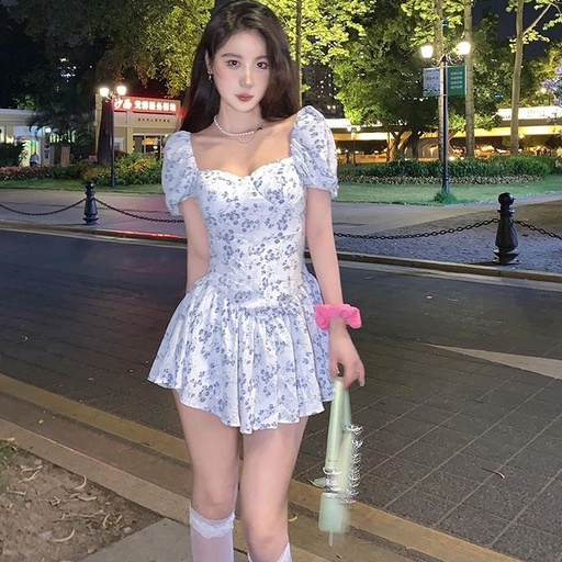 [MURIOKI] Đầm Ngắn In Hoa Tay Phồng Phong Cách Pháp Thời Trang Cho Nữ
