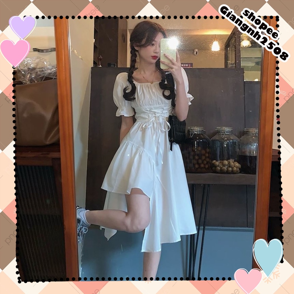 V019 Váy nữ dáng xòe xẻ chân thắt nơ eo tiểu thư, đầm dài dáng xòecổ vuông tay bồng đen trắng bánh bèo nữ tính