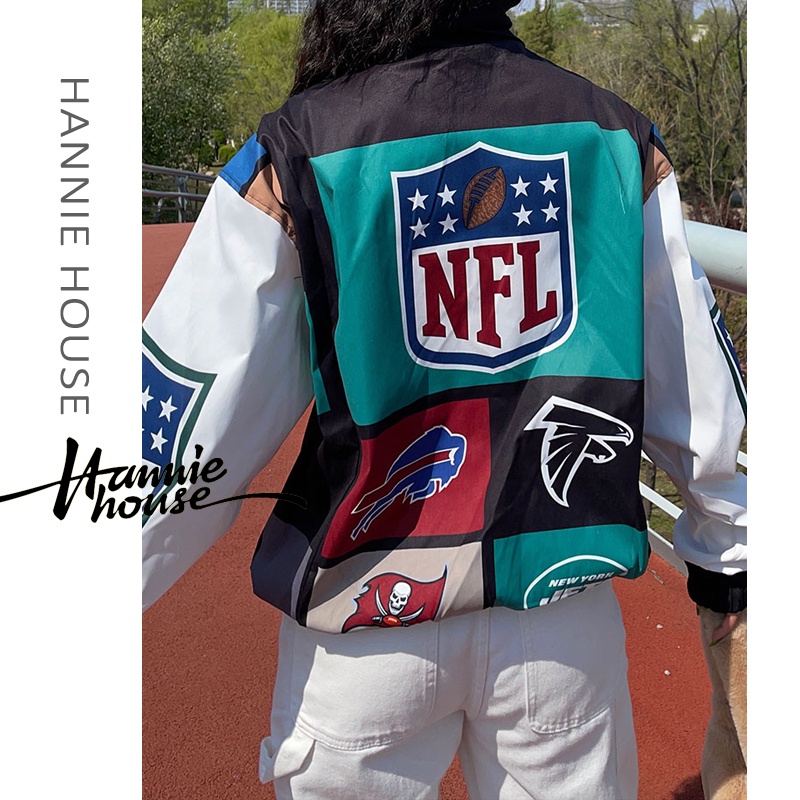 Áo khoác bóng chày tay dài cổ đứng in chữ phối màu phong cách hip hop thời trang cho nữ