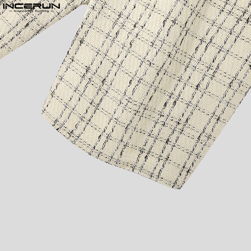 Set đồ INCERUN gồm áo ghi lê và quần short ống rộng họa tiết sọc caro thời trang cho nam