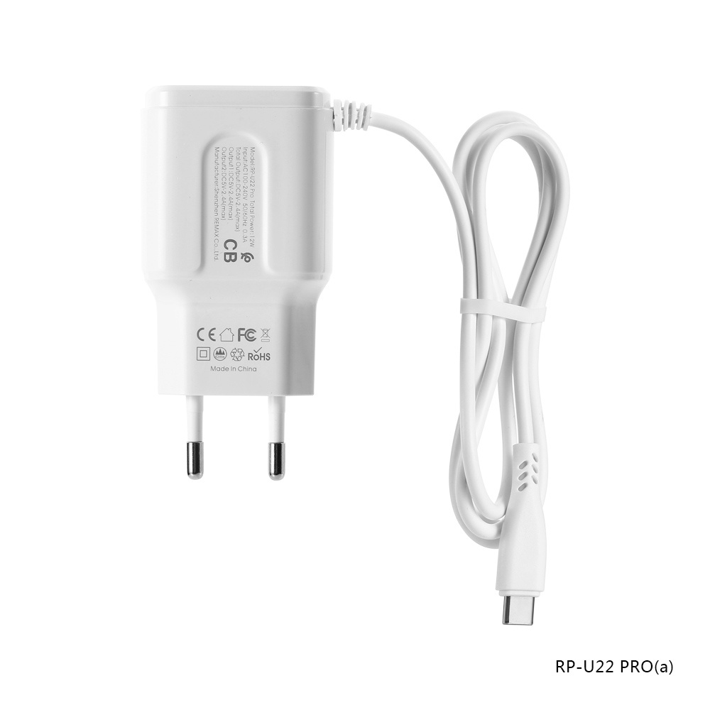 Bộ Cốc Sạc Nhanh Kèm Dây Remax RP U22 Plus có 3 loại chân Lightning, Micro, Type-C dòng 2.4A có 2 cổng USB