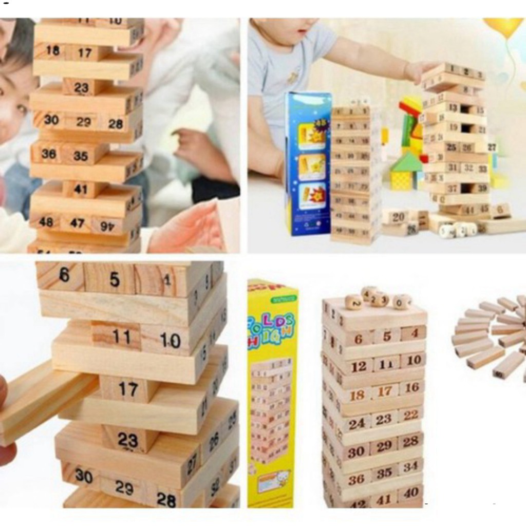 Bộ đồ chơi rút gỗ Wiss Toy ( Gồm 54 thanh gỗ và 4 xúc xắc), đồ chơi gỗ thông minh, trò chơi rút gỗ, Tetosi