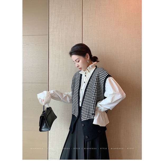 NZN Áo khoác cardigan dệt kim cổ chữ V phong cách retro Hàn Quốc cho nữ