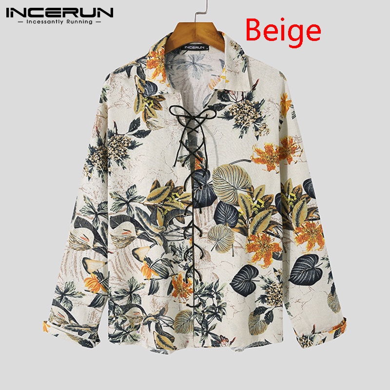 Áo sơ mi INCERUN từ cotton tay dài cổ thắt dây in hoa phong cách vintage tùy chọn màu sắc cho nam