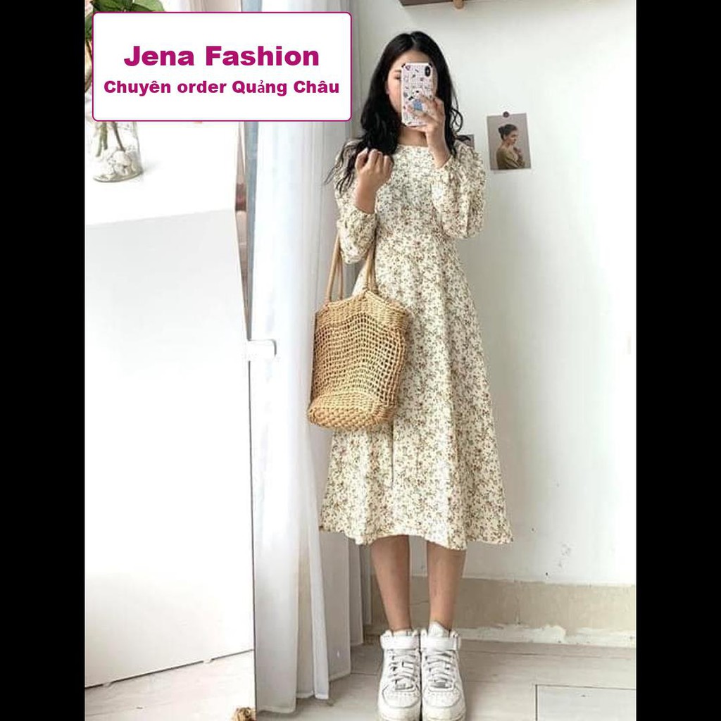 Váy hoa nhí vintage dài tay dáng dài 2 lớp, thắt nơ eo HÀNG QUẢNG CHÂU - Jena Fashion