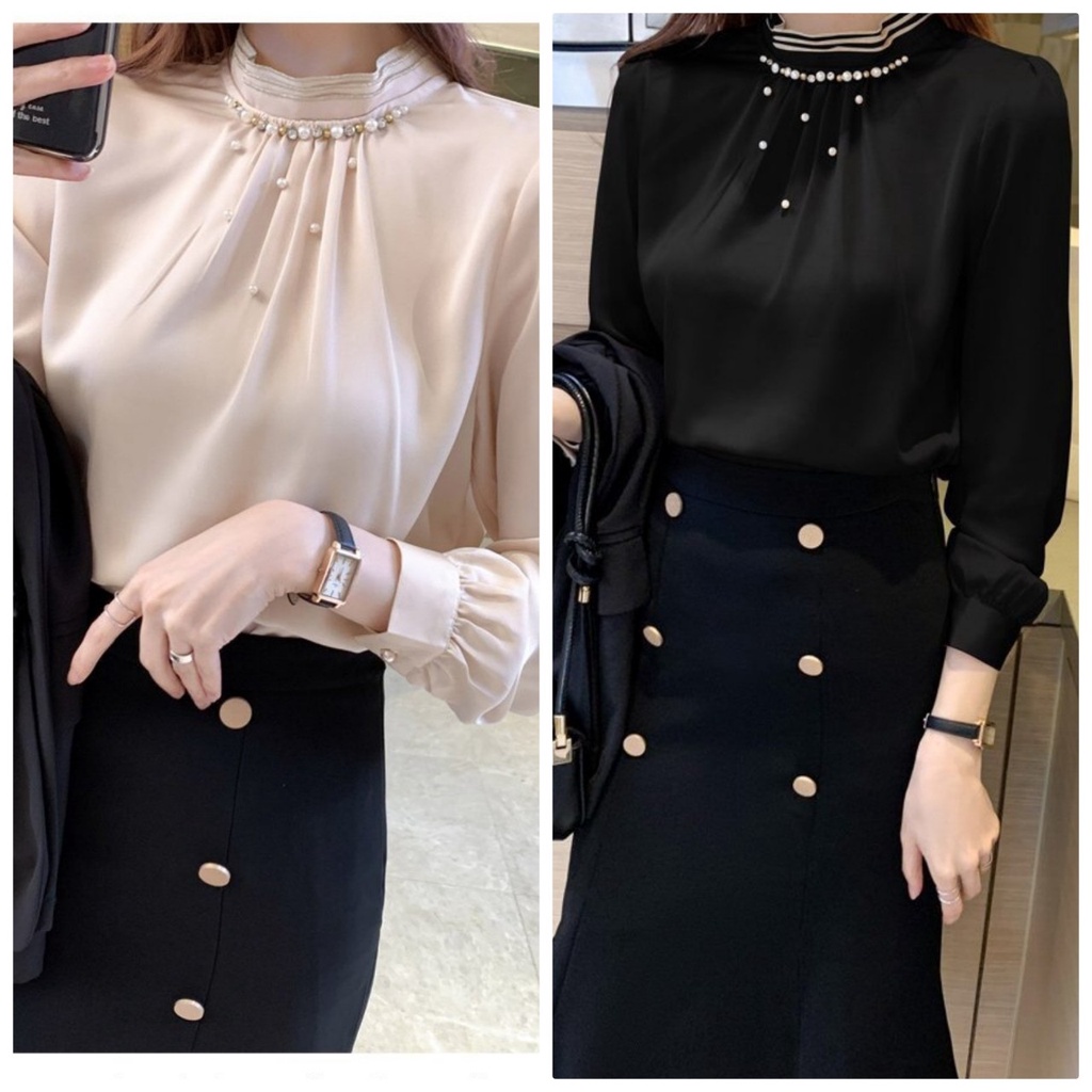 Áo Sơ Mi Nữ Cổ Đính Hạt Xép Ly Tay Dài Cao Cấp BY6374