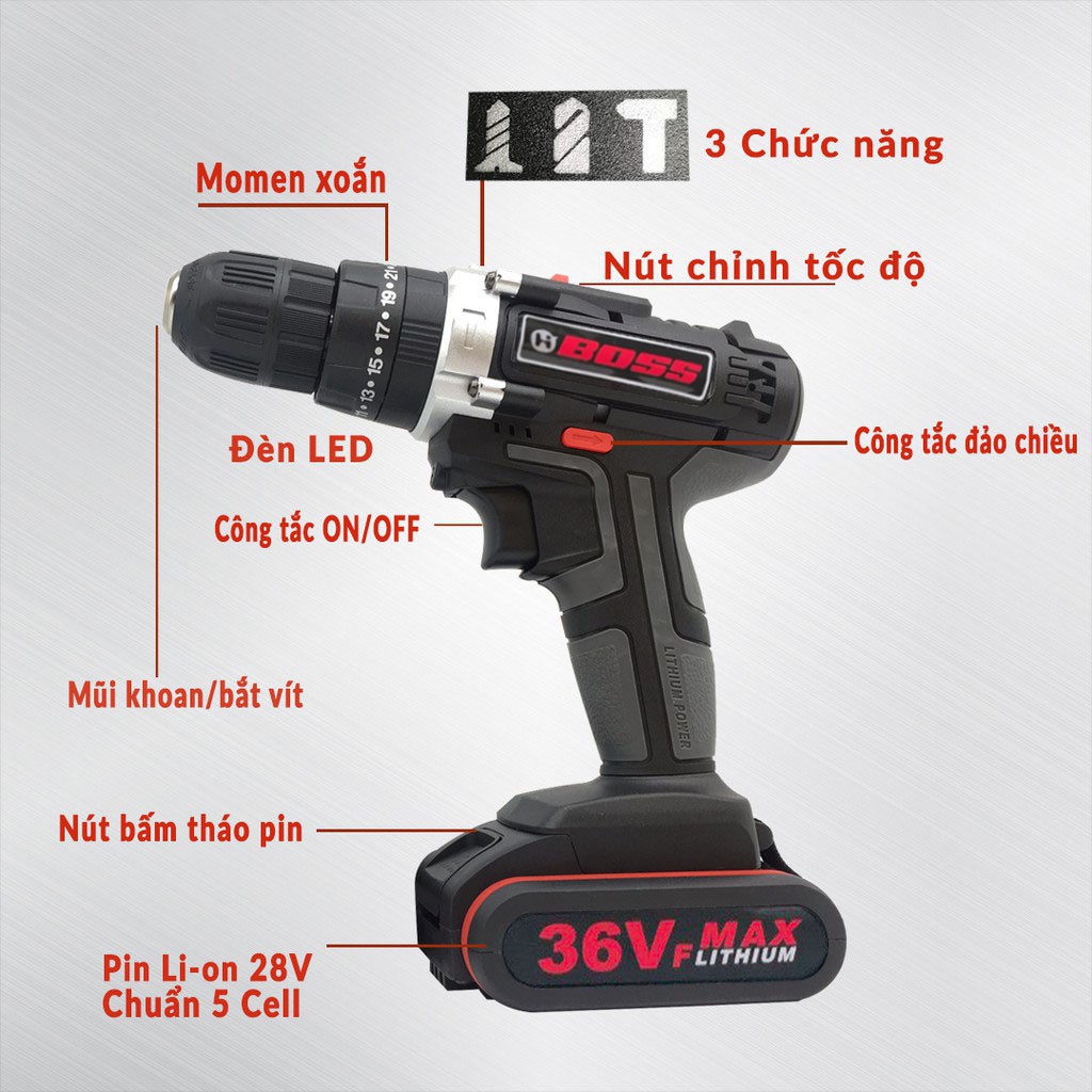 Máy Khoan Pin Cầm Tay Boss 36V - Máy Bắn Vít - Khoan Tường, Khoan Sắt, Khoan Gỗ - Tặng 22 Phụ Kiện