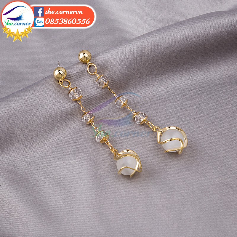 Bông tai hoa tai Hàn Quốc E3002 chuỗi hạt mắt mèo ánh kim