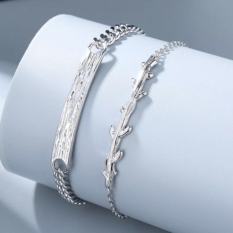 Vòng tay mạ bạc 925 thiết kế đơn giản thời trang cho cặp đôi nam nữ kiểu dáng hình Núi & Cây