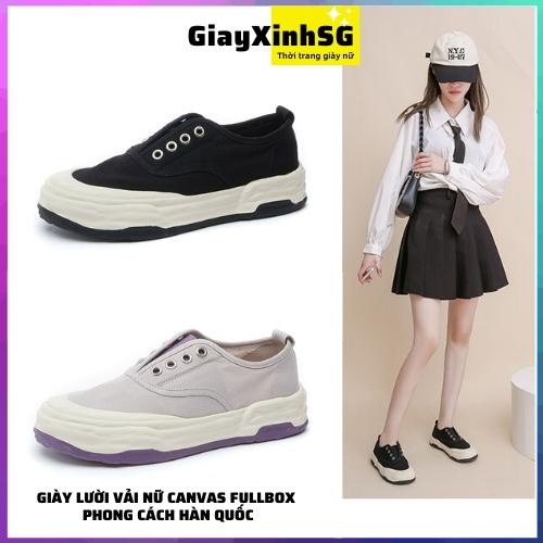 Giày lười vải nữ canvas fullbox phong cách Hàn Quốc, màu đen và tím nhạt, thích hợp đi chơi, đi bộ, đi học