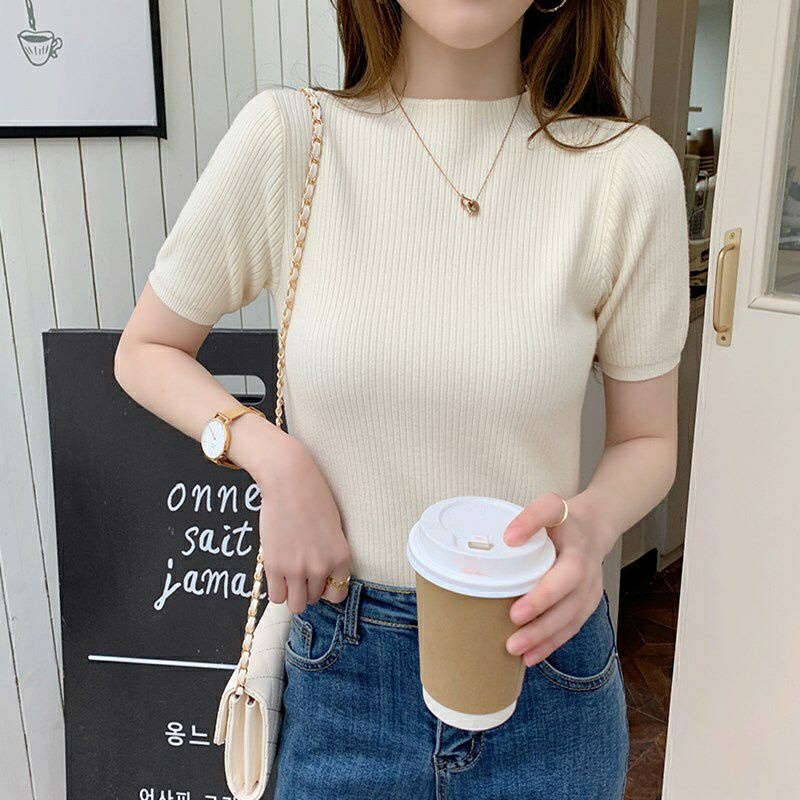 Áo len tăm cộc tay nữ cổ 3 phân ôm body mềm mịn dày dặn co giãn cao cấp nhiều màu hàng Quảng Châu AL019