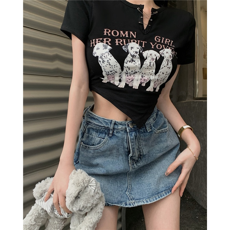 Cocory vn Áo Thun Croptop Tay Ngắn Cổ Chữ V In Họa Tiết Hoạt Hình Thời Trang Quyến Rũ Cho Nữ