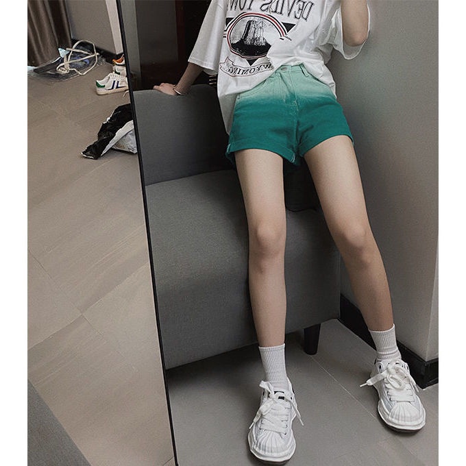 Quần short denim của phụ nữ quần jean giảm béo quần jean skinny jean gradient 2022 mùa hè in mới cạp cao rộng rãi kết hợp tất cả các kết hợp xu hướng quần dài thẳng nhỏ màu xanh lá cây