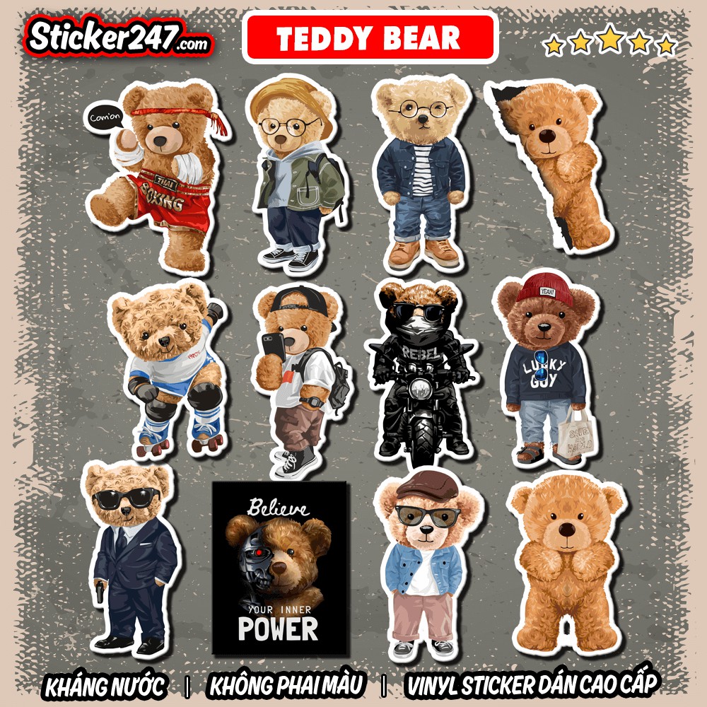Sticker Teddy Bear Gấu Cute 𝑭𝒓𝒆𝒆𝒔𝒉𝒊𝒑 Sticker Dán Mũ Bảo Hiểm, Dán Vali, Đàn Guitar - Hình Dán Chống Thấm Nước