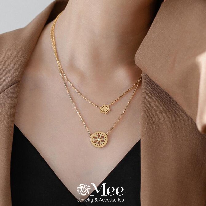 Vòng cổ nữ MEE dây chuyền 2 tầng vintage mặt hình bông tuyết thanh lịch, Mạ vàng 18k - N2550