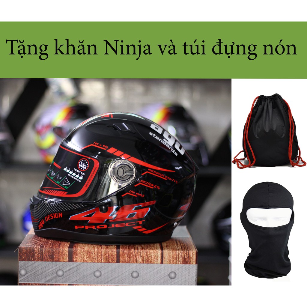 Nón Fullface AGU tem 46 ĐỎ hàng chính hãng 100%, tặng túi Zin và Khăn Ninja