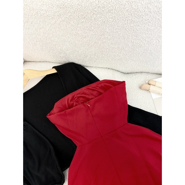 SET ĐẦM ỐNG ĐỎ ĐÍNH NƠ NGỰC KÈM KHOÁC CROP ĐEN