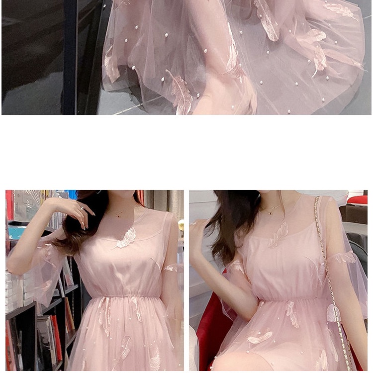 Đầm lưới hai mảnh thêu họa tiết lông vũ xinh xắn dành cho nữ