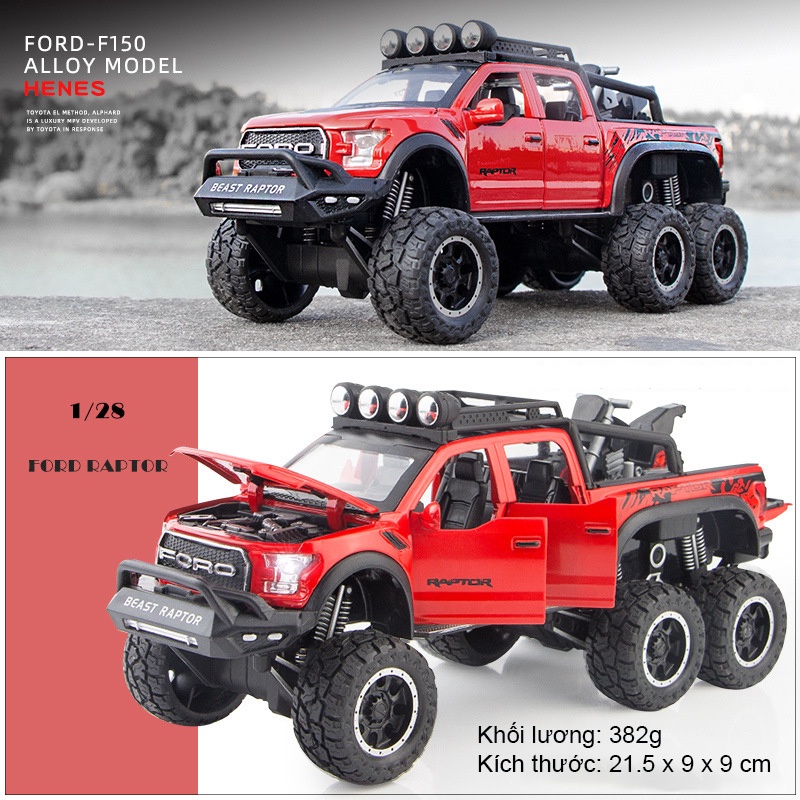Mô hình xe ô tô địa hình FORD RAPTOR Beast Raptor Offroad 6 bánh tỷ lệ 1:28 thân hợp kim có đèn âm thanh cót chạy đà