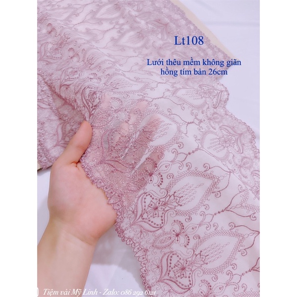 Vải lưới thêu xanh nude và hồng tím bản 26cm mềm mịn không giãn