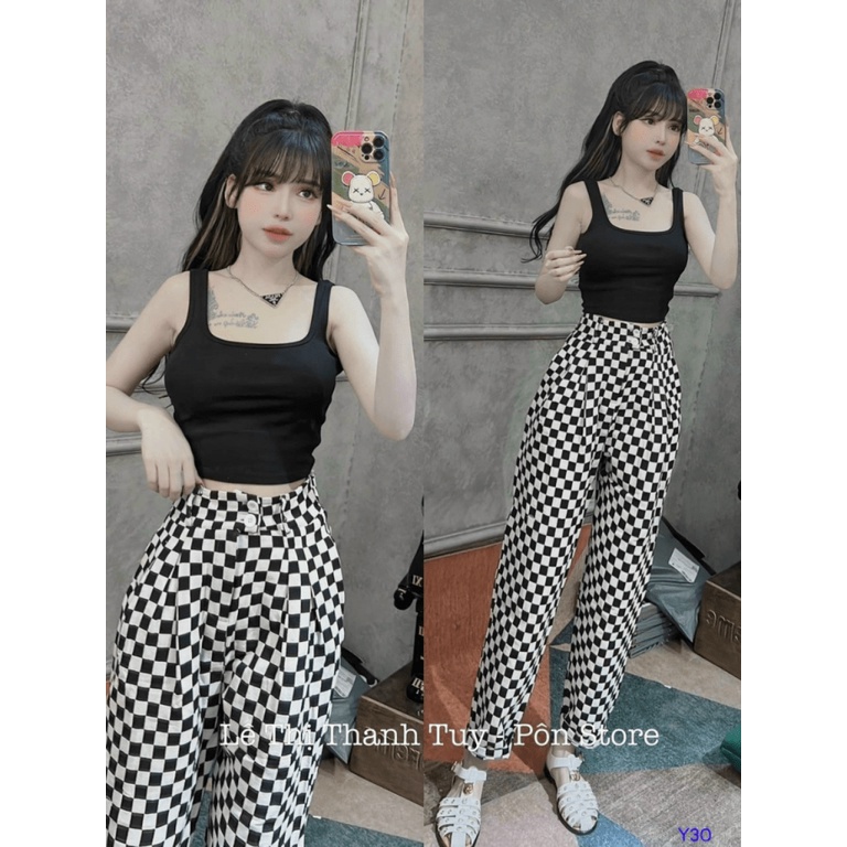 SÉT BỘ THUN GÂN ÁO HAI DÂY DÁNG ÔM BODY PHỐI QUẦN CARO DÀI SIÊU HACK DÁNG UP