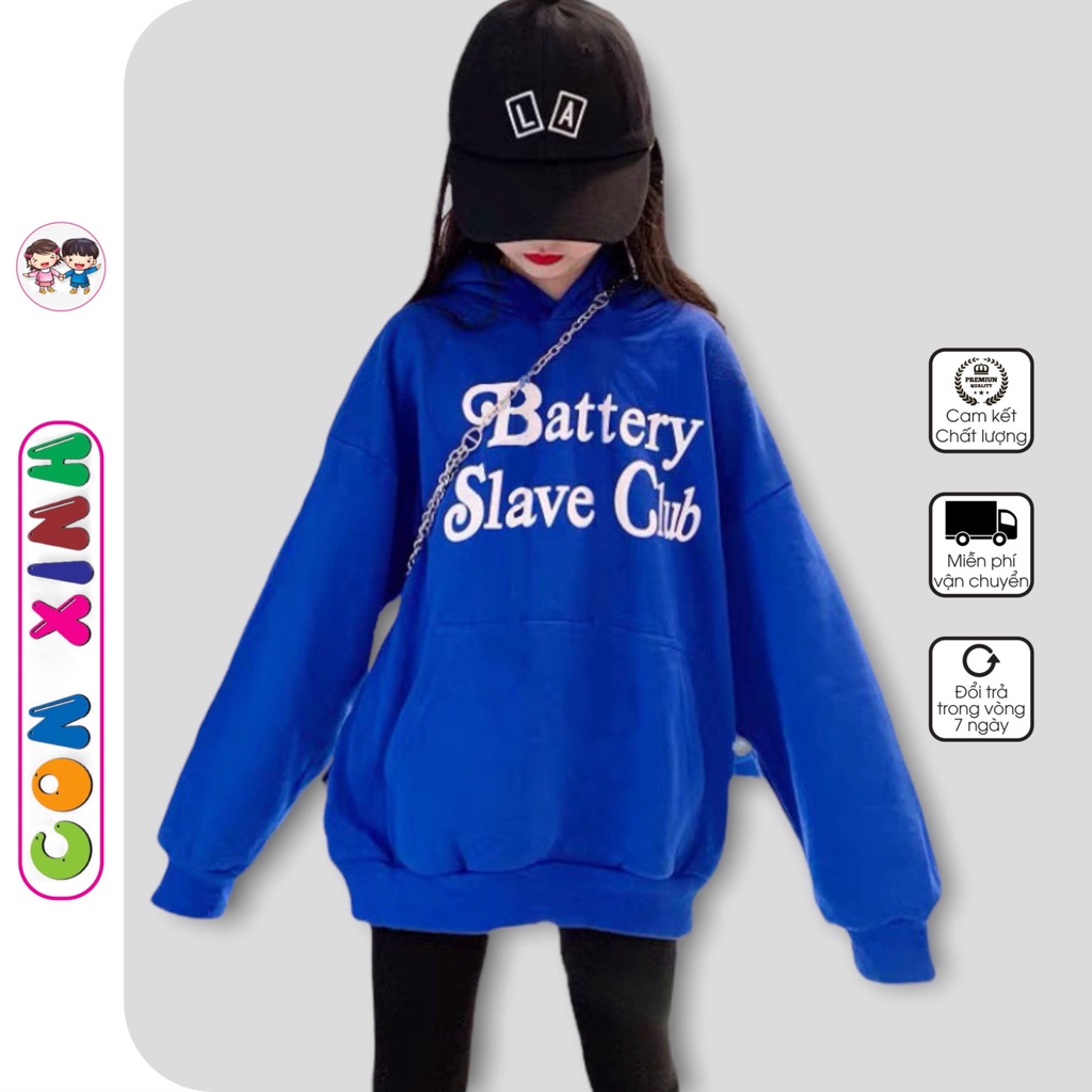 Áo khoác nỉ hoodie bé gái Con Xinh hình in chữ BATERY CLUB,thời trang thu đông dành cho bé từ 4 đến 10 tuổi