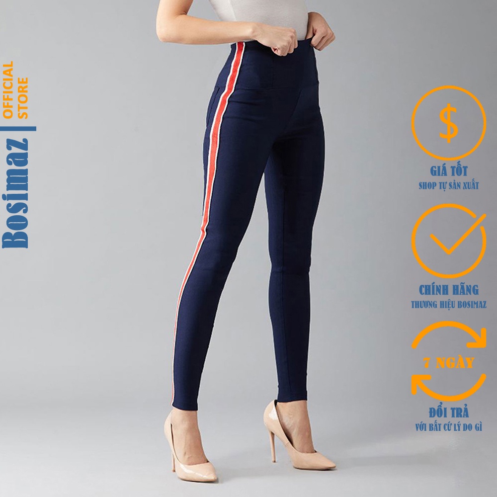 Quần Legging Nữ Bosimaz MS227 dài túi sau màu xanh navy sọc đỏ cao cấp, thun co giãn 4 chiều, vải đẹp dày, thoáng mát.