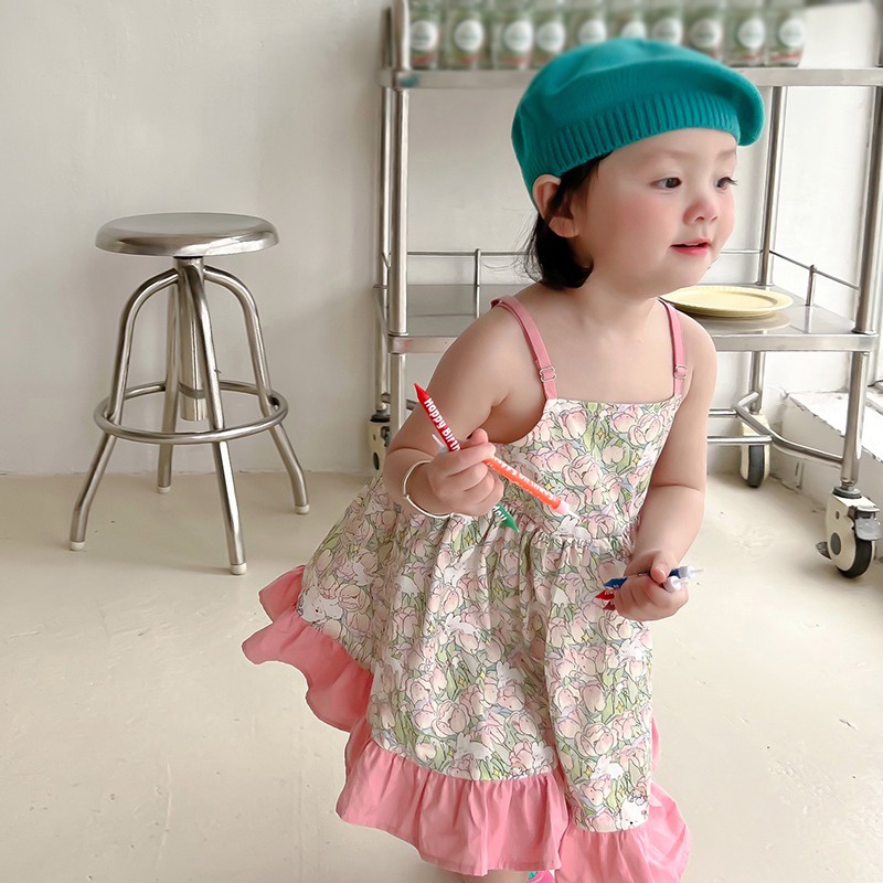 Đầm Hai Dây Viền Bèo Nhún Họa Tiết Hoa Phong Cách Công Chúa Màu Hồng Xinh Xắn Cho Bé Gái