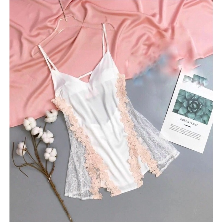 Đồ ngủ sexy / Đầm ngủ 2 dây xẻ đùi phối ren eo, chất liệu satin cao cấp loại 1, kèm quần đùi cute, freesize dưới 65kg Se | BigBuy360 - bigbuy360.vn