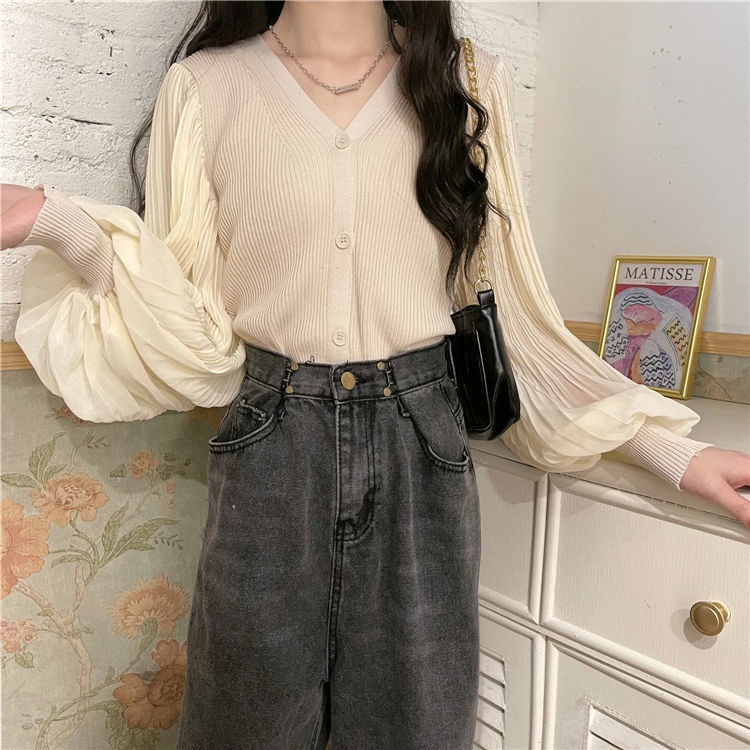 Áo tay phồng cổ chữ V kiểu dáng thời trang Hàn Quốc dành cho nữ