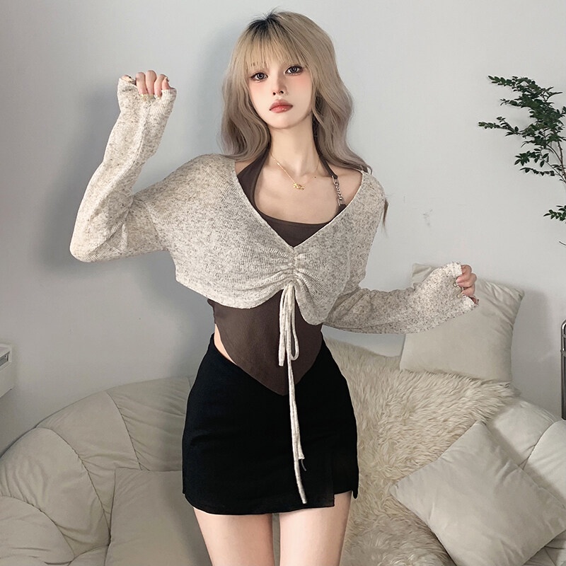 Kliou Set Áo Croptop Cổ Yếm + Áo Thun Tay Dài Dây Rút Thời Trang Mùa Thu Cho Nữ