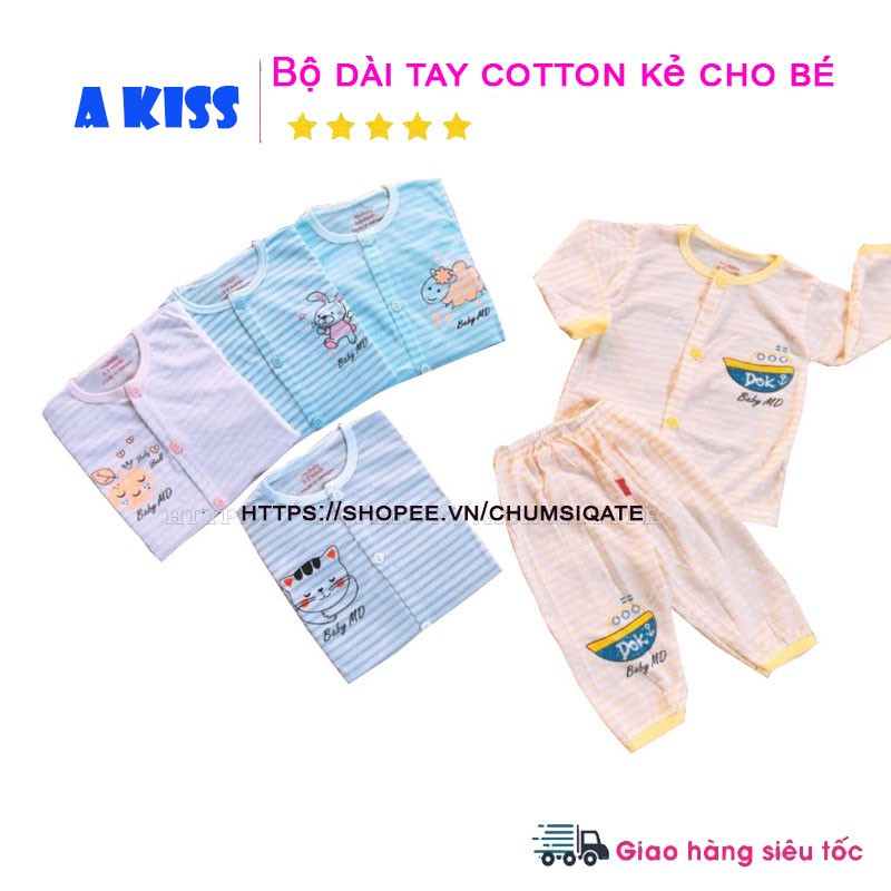 Bộ Quần Áo Dài Tay COTTON KẺ A KISS Cho Bé Từ Sơ Sinh Đến 15kg [ Hàng Chuẩn Loại 1 ]