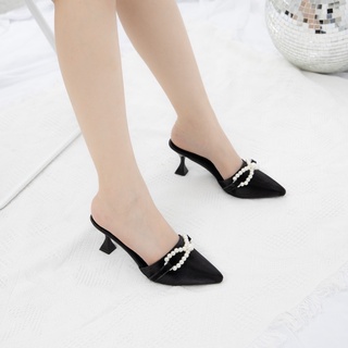 Giày MWC 4195 - Giày Sục Cao Gót 5p, Giày Mules Mũi Nhọn, Sục Cao Gót Mũi Nhọn Đính Nơ Ngọc Nữ Tính