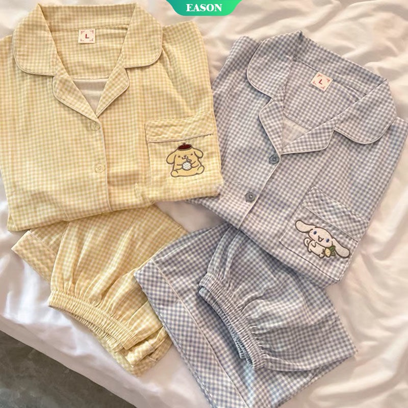 Bộ Đồ Ngủ Pijama Ngắn Tay Cổ Bẻ Họa Tiết Caro Phối Cục Bông pom pom Dễ Thương Dành Cho Nữ 2022