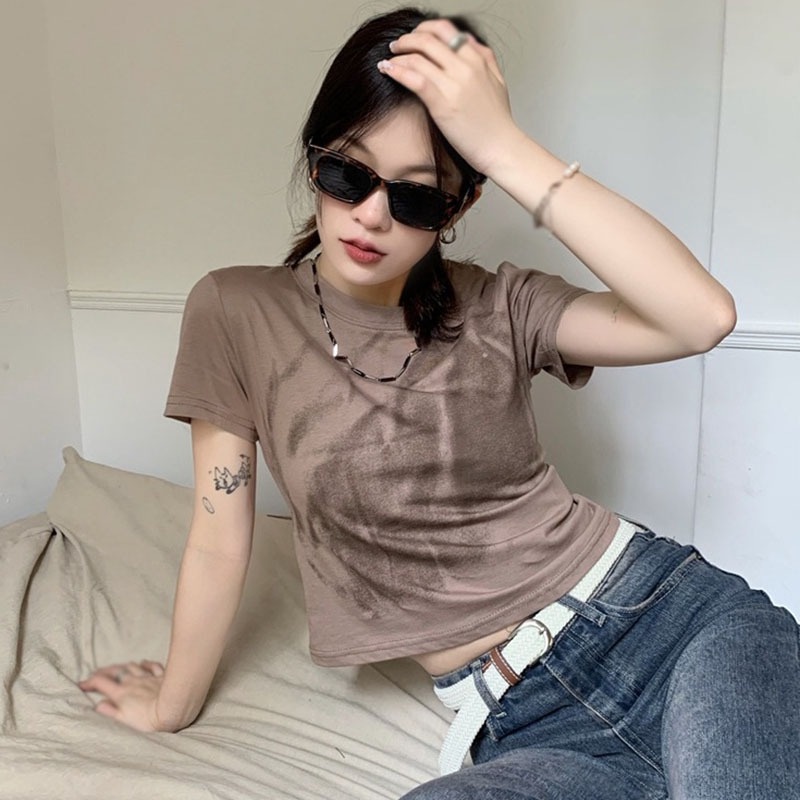 Áo Thun Croptop Cổ Tròn Dáng Ôm Phong Cách Retro Hàn Quốc Cho Nữ