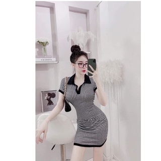 Đầm cổ trụ thun gân