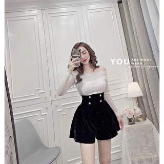 SET ÁO TRỄ VAI + QUẦN SHORT LƯNG CAO GIẢ VÁY