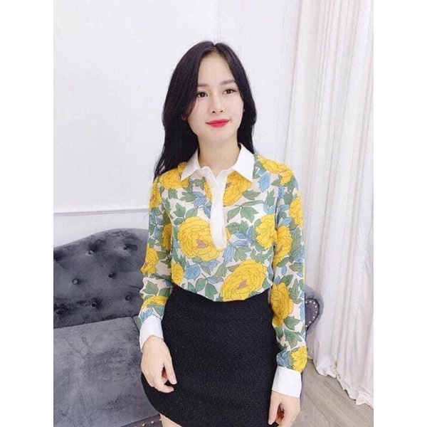 Ảnh thật ÁO SƠ MI HOA VÀNG MANGO VNXK