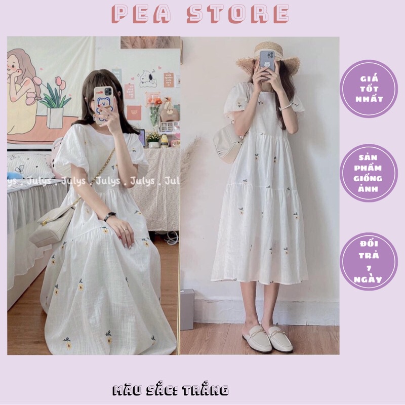 Váy Babydoll hoa cúc tay bồng dáng dài chất đũi thô/Váy vintage đũi hoa cúc tay bồng [Ảnh thật/Sẵn]