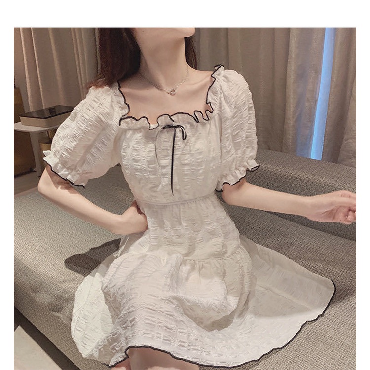 Đầm Chiffon Cổ Vuông Tay Phồng Họa Tiết Sọc Caro Phong Cách Pháp Hàng Mới 2022