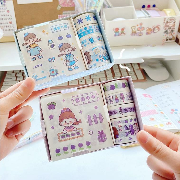 Sticker trang trí sổ KOLANO set sticker và băng dính sticker trang trí sổ họa tiết hoạt hình vui nhộn SS-001413