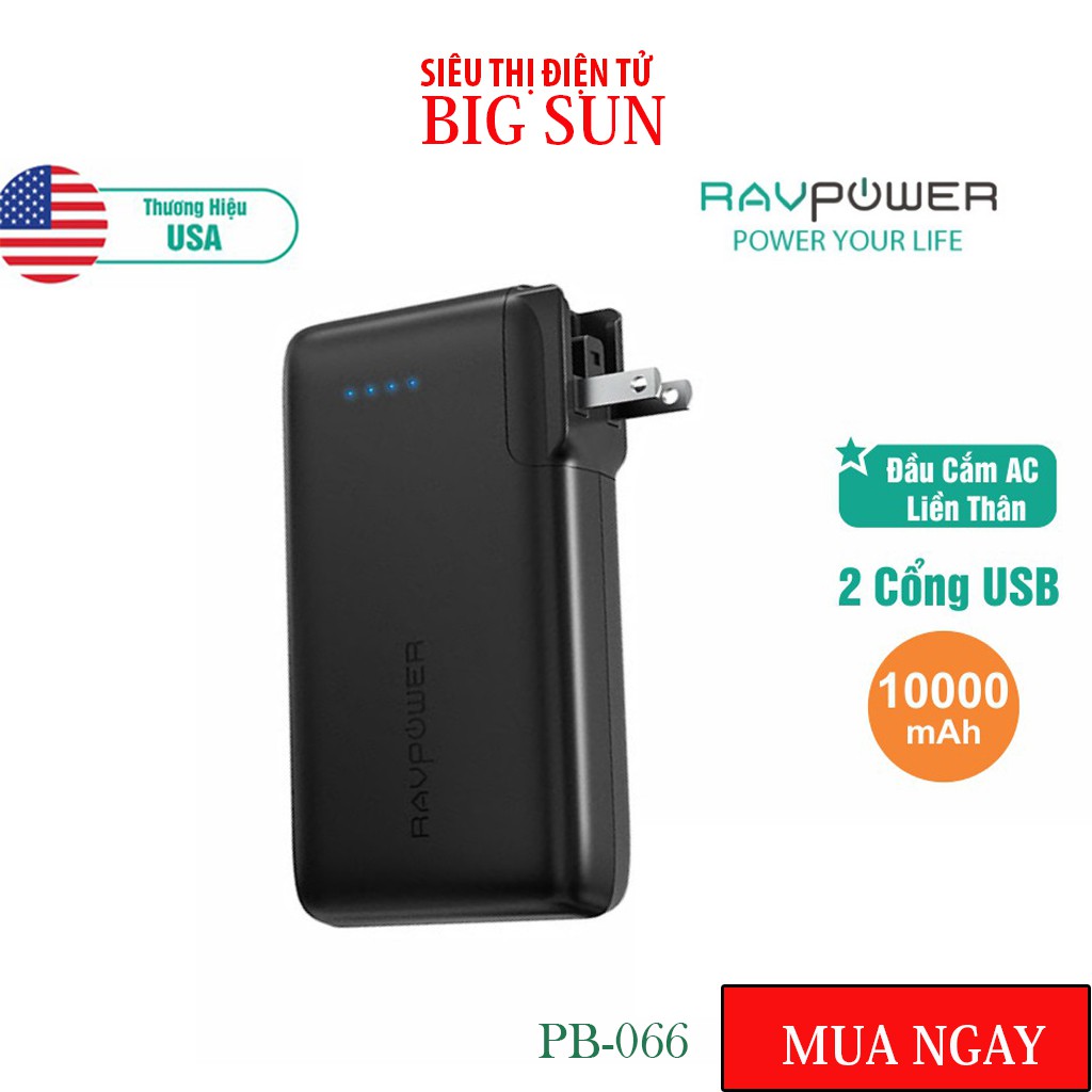 Pin Sạc Dự Phòng RAVPower 10000mAh 17W Cổng Sạc AC Dạng Gập Dòng Ra 3.4A RP-PB066 - Thương hiệu USA - Hàng Chính hãng