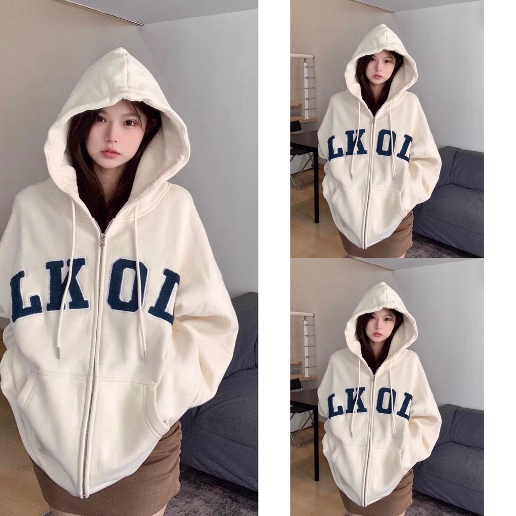Áo nỉ khóa hoodie nam nữ form rộng nỉ bông in hình chữ LKOD có mũ siêu xinh cá tính