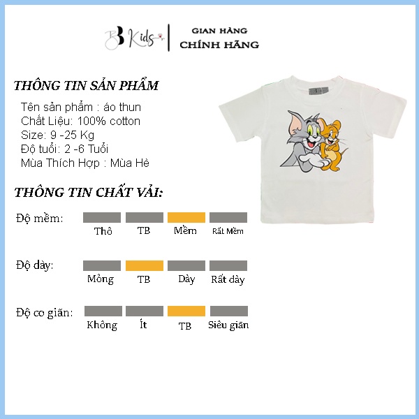 Áo Thun Ngắn Tay BB Kids Cho Bé In Hình Tom And Jerry Chất Liệu Cotton 100% Co Giãn 4 Chiều