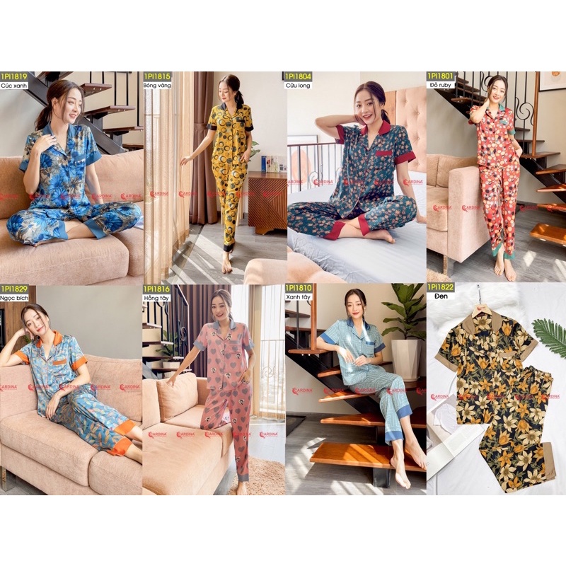 Bộ pijama nữ Cảdina quần dài áo cộc tay chất lụa satin Nhật họa tiết