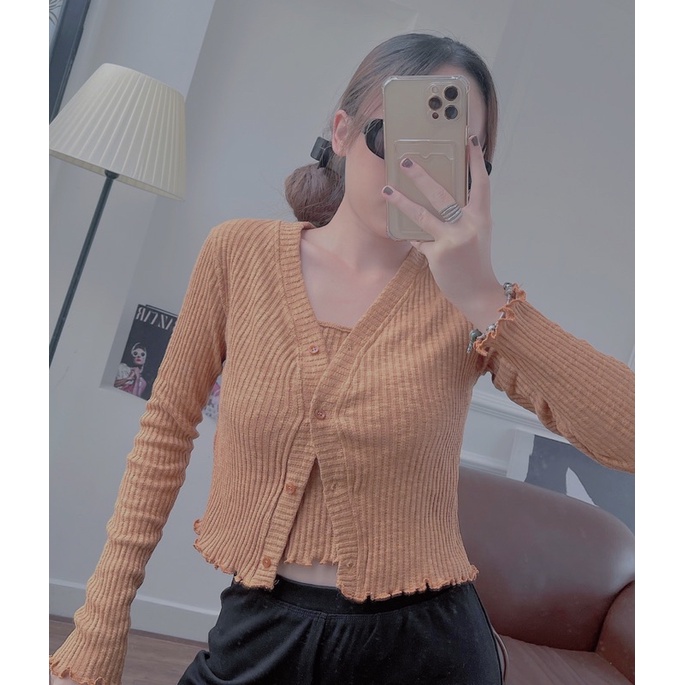 Áo khoác cardigan len đan mỏng cổ tim dài tay màu trơn ulzzang hàn quốc áo kèm hai dây July Clothing