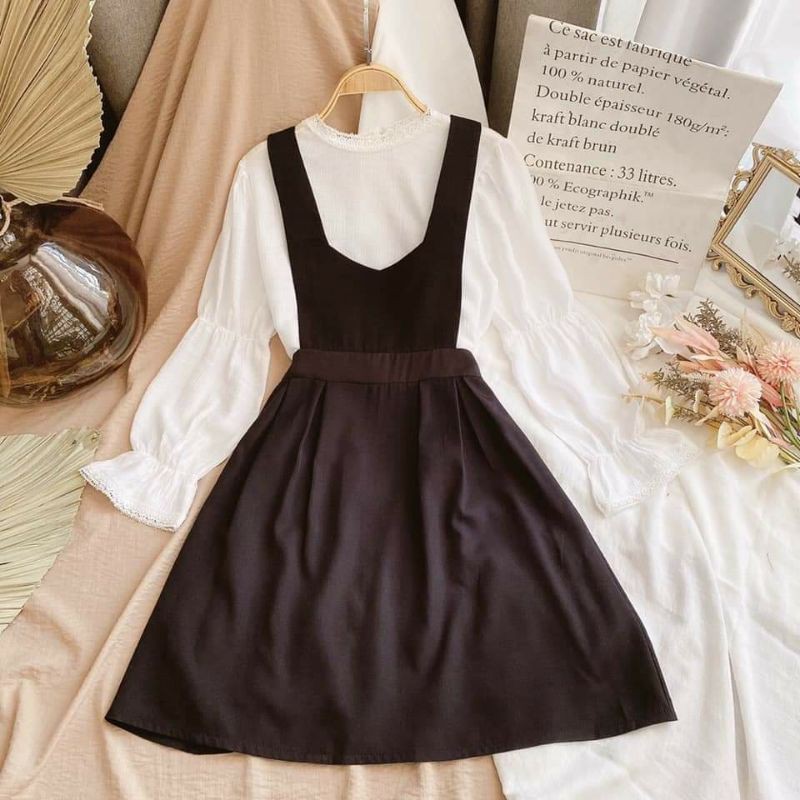 Set yếm bbd+áo trắng tay bo/Set yếm babydoll